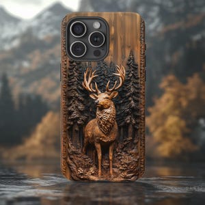 Custodia per telefono con effetto legno 3D a forma di cervo, custodia per telefono con motivo a caccia, custodia con design a tema fauna selvatica, cervo di grandi dimensioni, iPhone Pro Max, Samsung Galaxy, Google Pixel
