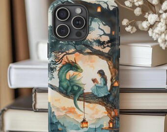 Book Dragon Phone Case | Girl Reading with Dragon watercolor Design