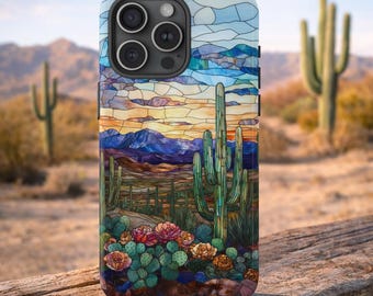 Western Desert Stained Glass Phone Case, Cactus Flowers, Iridescent Stained Glass