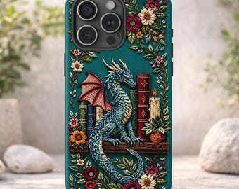 Embroidered Dragon Phone Case, Teal Floral Bookshelf Design