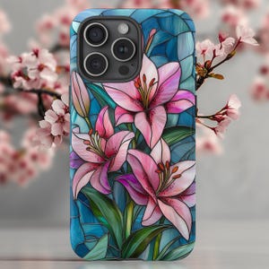 Lily Flower Stained Glass Illusion Printed Phone Case, Pink Floral Design, Elegant Art for iPhone Pro Max, Google Pixel, Samsung Galaxy