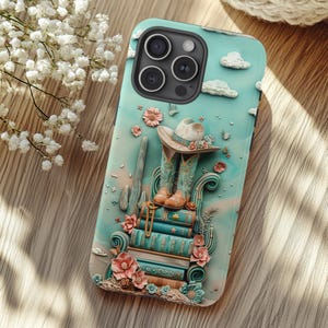 Western Cowgirl Bookstack-telefonskal | Estetiskt skal med blågrönt blommönster för iPhone, Samsung och Google-telefoner