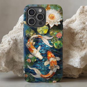 Koi Fish Pond Stained Glass Phone Case, Japanese Garden, Aquatic Phone Case, Lilly Pads image 1