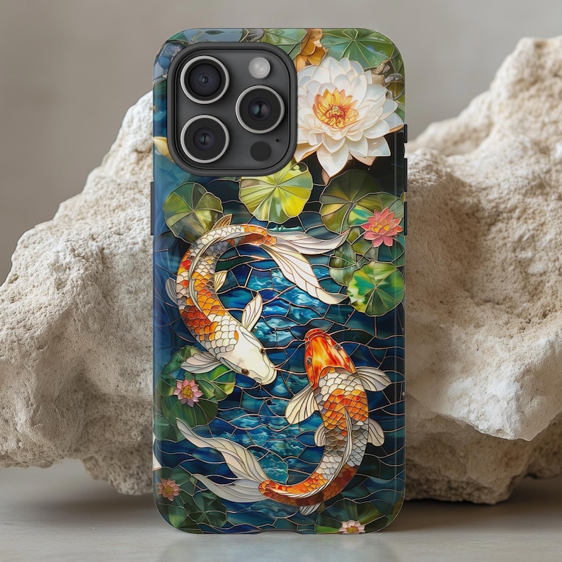 Koi Fish Pond Stained Glass Phone Case, Japanese Garden, Aquatic Phone Case, Lilly Pads image 1