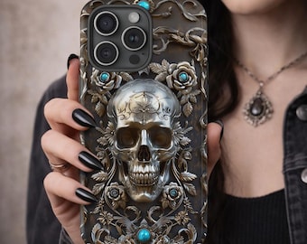 Ornate Silver Skull Phone Case, Western Gothic Floral Design