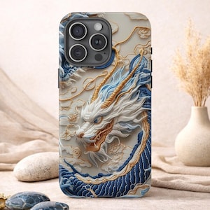 Chinese Dragon Embroidered Looking Phone Case, White Gold & Blue Dragon Design