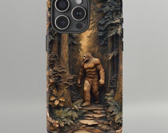 Bigfoot in the Woods 3D Hand-Carved Wood Effect Phone Case - UV Printed, Rustic Forest