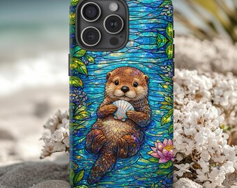 Sea Otter with Shell phone case | Otter art water lily pattern
