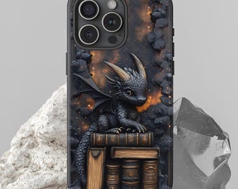 Gothic Book Dragon-telefoonhoesje, Black Bookish Dragon-esthetiek, voor iPhone Pro Max Plus 16 15 Samsung Galaxy Ultra S25, Google Pixel Pro 9 8