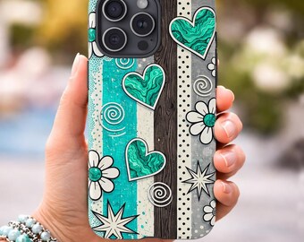 Teal Hearts and Daisies Phone Case | Faux Wood Patchwork Design