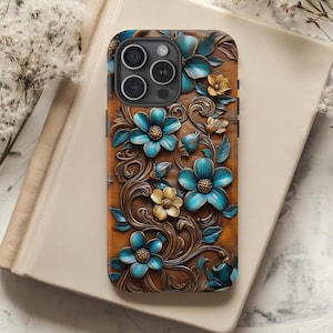 Sztuczna skóra tłoczona z turkusowymi kwiatami, etui na telefon w stylu boho western, skóra wiejska, iPhone Pro Max, Samsung Galaxy, Google Pixel