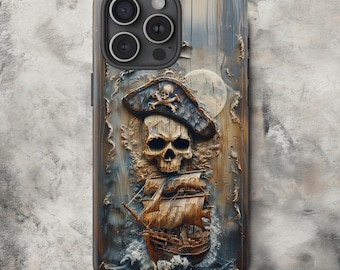 Pirate Ship Skull Phone Case | Nautical Ocean Art | Printer Faux Wood Look