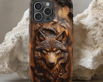 Alpha Wolf Faux Wood Carved Phone Case, Wilderness Phone Case, Printed Wood Grain illusion