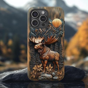 Telefoonhoesje met 3D-print met houteffect, eland, telefoonhoesje voor jacht, designhoesje wilde dieren, Alaskan Moose