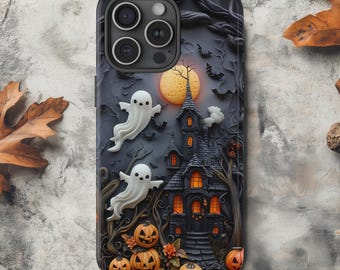 Spookhuis Halloween-telefoonhoesje met geesten en pompoenpatroon.