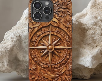 Coque de portable rose des vents en imitation bois sculpté avec volutes complexes - Style rustique