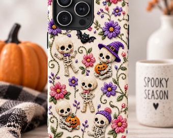 Embroidered Skeleton Phone Case, Halloween Case, Cute Spooky Design