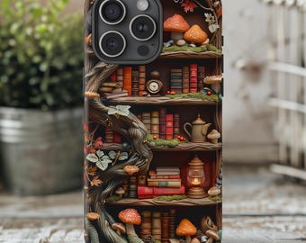 Woodland Mushroom Bookshelf Phone Case | Cottagecore Library Phone Cover