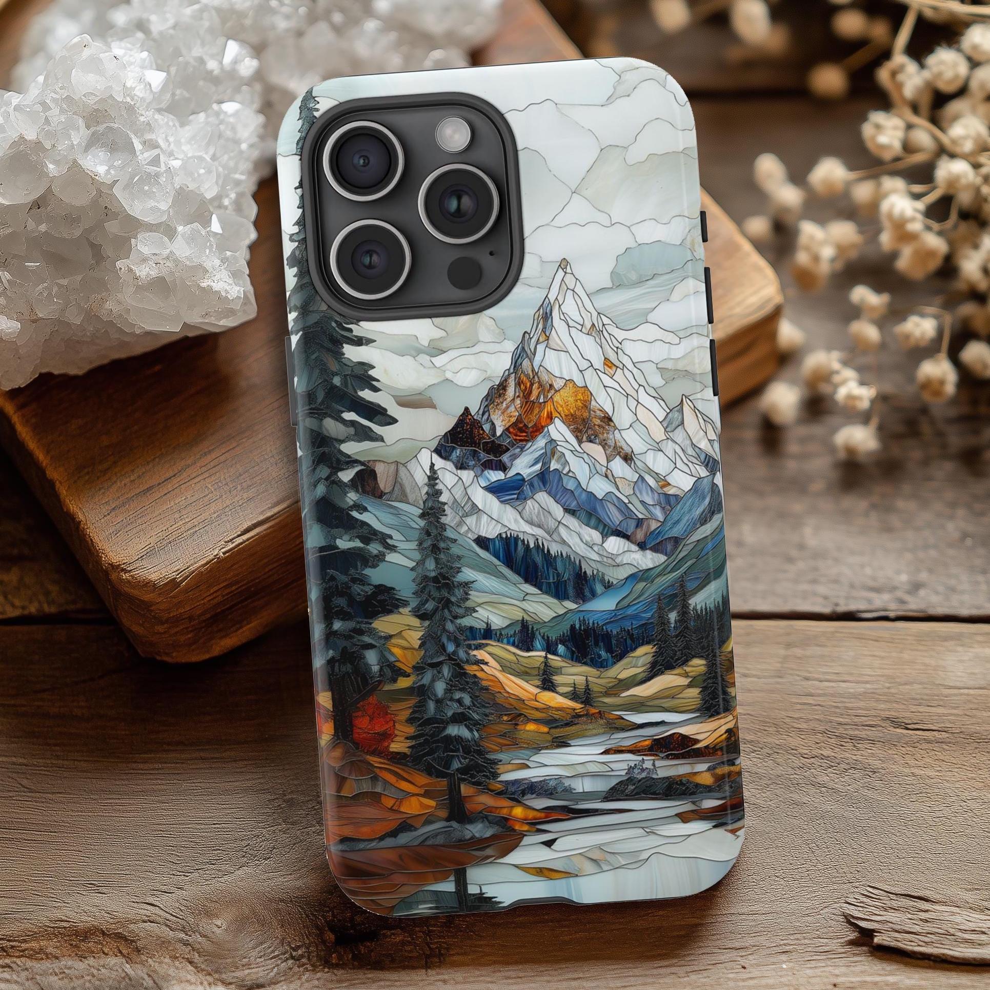 Mountain Forrest Faux Stained Glass Phone Case, Pine Trees Phone Covers, Nature Landscape Case, iPhone Pro Max, Google Pixel, Samsung Galaxy