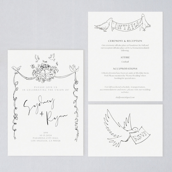 Lovebirds Hand-Drawn Invitation Suite Template • Digital Download • Romanitc, Unique