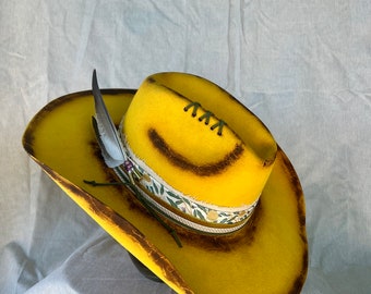 Canary - custom yellow  burned wool felt cowboy hat (Size Medium: 7 1/8- 7 1/4)