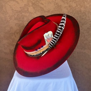 Burned Wool Felt Cowboy Hat – Scarlet Red, Tarot Card & Feather Adorned