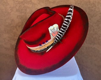 Three of Swords- burned flat brim wool felt cowboy hat with custom heart crown. (medium 7 1/8- 7 1/4)