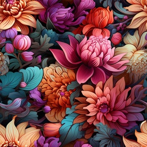 May include: A vibrant floral pattern featuring large, stylized flowers in shades of pink, orange, and yellow, with teal and dark green leaves. The design is dense and detailed, creating a rich, colorful composition.