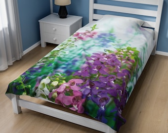 Floral Designer Plush Velveteen Bedding Blanket | Soft | Premium | Comfy | Warm | 30x40 | 50x60 | 60x80 | Purple Flower Garden | Zen