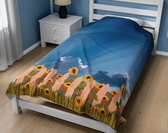 Floral Designer Plush Velveteen Bedding Blanket | Soft | Premium | Comfy | Warm | 30x40 | 50x60 | 60x80 | Sky | Fence | Flowers | Cloud