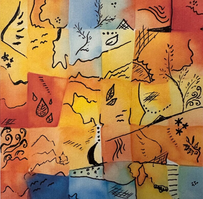 Op de afbeelding: Abstract aquarel schilderij met een patchwork ontwerp. Het schilderij heeft een verscheidenheid aan kleuren, waaronder geel, oranje, rood, blauw en groen. Het schilderij is versierd met zwarte inkttekeningen van bladeren, bloemen en andere abstracte vormen.