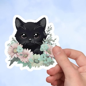 Black Cat Sticker Black Cat with Pastel Flowers Floral Cat Decal Cat Lover Gift Cute Kitty Sticker Black kitten head close up Sticker