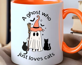 Black Cat Ghosts Halloween Coffee Mug, Whimsical Cat Lover Mug, Happy Halloween Cat Mug, Ghost Cats Cup, Cat Lover Gift Two Sided Mug Colors