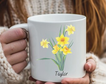 Custom March Birth Month Flower Mug, Personalized March Birth Flower Mug, March Daffodil Flower Coffee Mug, Custom Named March Mug, Birthday
