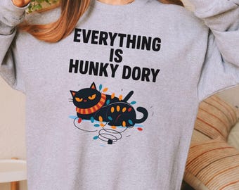 Funny Cat Christmas Sweatshirt: "Hunky Dory" Pun Sweater