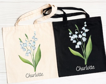 Custom May Birth Month Tote Bag, Personalized May Lily of the Valley Tote Bag, Custom Tote Bag, Custom Birth Month Flower Tote Bag