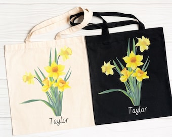 Custom March Birth Month Tote Bag, Personalized March Daffodil Tote Bag, Custom Tote Bag, Custom Birth Month Flower Tote Bag