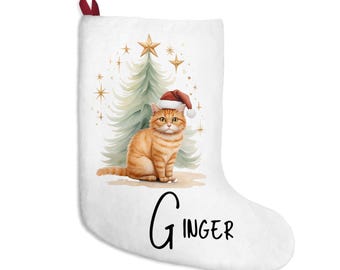 Orange Tabby Cat with Christmas Tree Stocking | Personalized Ginger Cat Holiday Stocking
