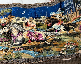 Vintage Arabian Night Knights Horse Velvet Wall Art Tapestry Apx. 4' x 6', Ramallah Trading Co. 1970's Tapestry