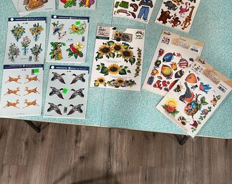 Vintage Decals, Window Activities and Rub-On Transfers, Hand Painted Decals by Decoral, Old New Stock, Plaid Folk Art Decal Sunflowers