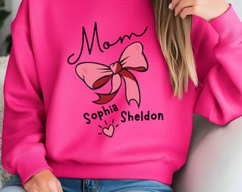 Custom Mom Bow sweatshirt, Personalized Kids Names Mom Shirt, Gift for Mom, Cartoon Bow Mow Shirt