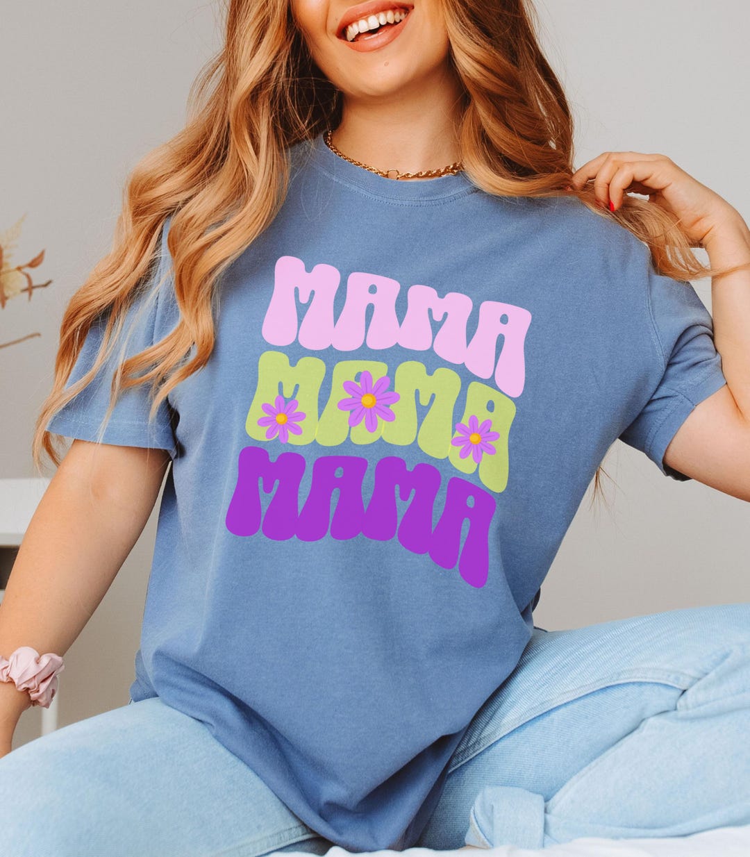 Mama Color:blue Retro Mama Spring Summer Shirt, Mama Flowers Casual Women's T-shirt ...