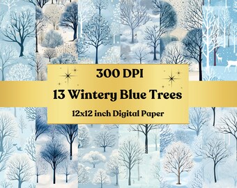 Printable Wintery Blue Tree Digital Paper, Christmas Ephemera, Fantasy Noel Xmas Pages, Card Making, Download Junk Journal, Scrapbooking