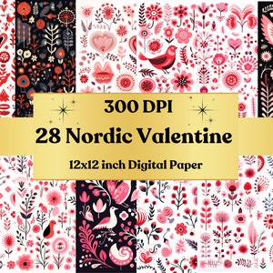 Carta digitale nordica di San Valentino, carta stampabile di arte popolare di San Valentino, carta scandinava, effimera di San Valentino, San Valentino nordico, diario spazzatura