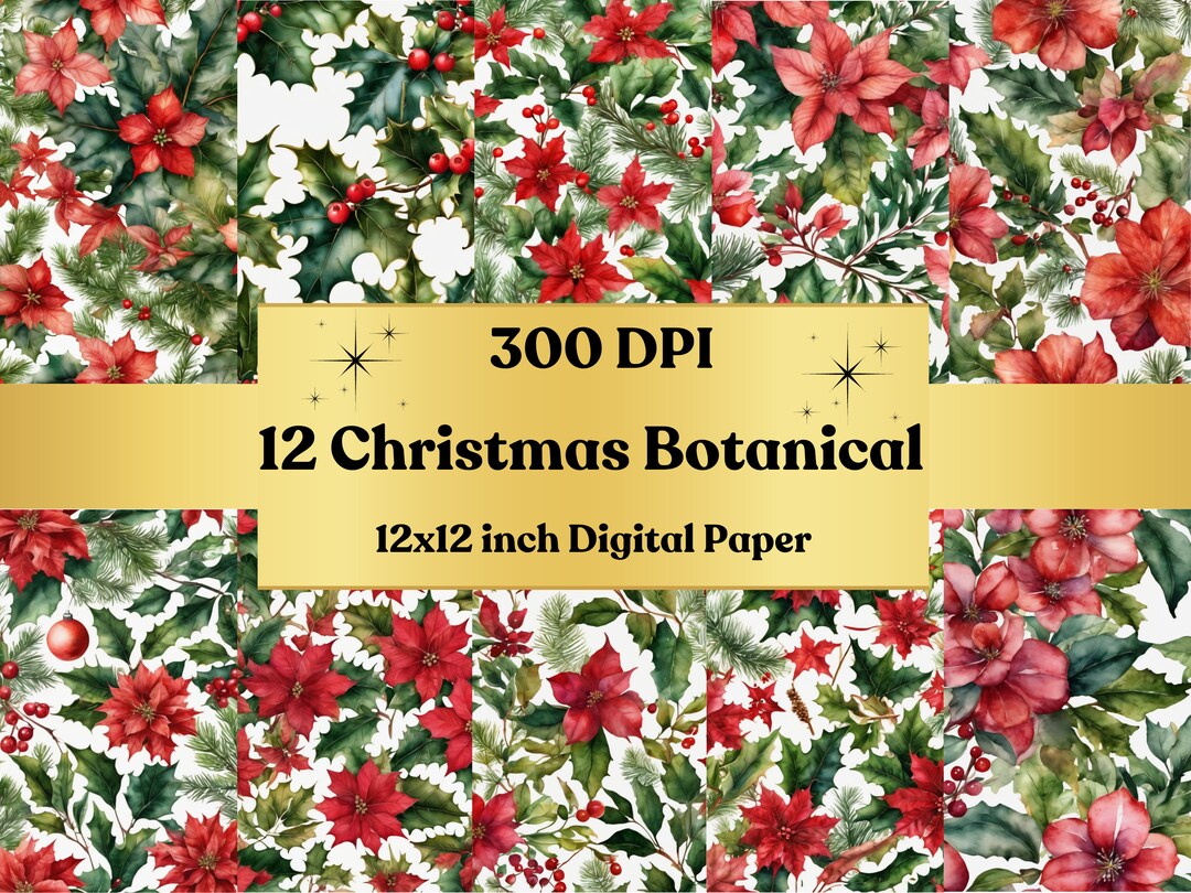 Seamless Christmas Botanical Digital Paper Pack, Holiday Plants Pattern, Scrapbook Papers
