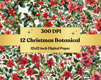 Seamless Christmas Botanical Digital Paper Pack, Holiday Plants Pattern, Scrapbook Papers, Holiday Invitation Paper, Poinsettia Prints