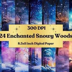 Enchanted Snowy Woods Winter Forest Digital Paper Pack Printable, Snow Forest Background, Fantasy Landscape Backdrop, Download Junk Journal