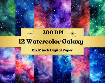 Watercolor Galaxy Background Digital Paper, Painted Galaxy, Galaxy Digital Paper, Starry Sky Printable Paper, Outer Space, Watercolor Galaxy