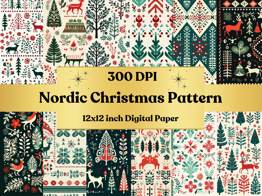 Nordic Christmas Digital Paper Pack, Christmas Folk Art Printable Paper ...