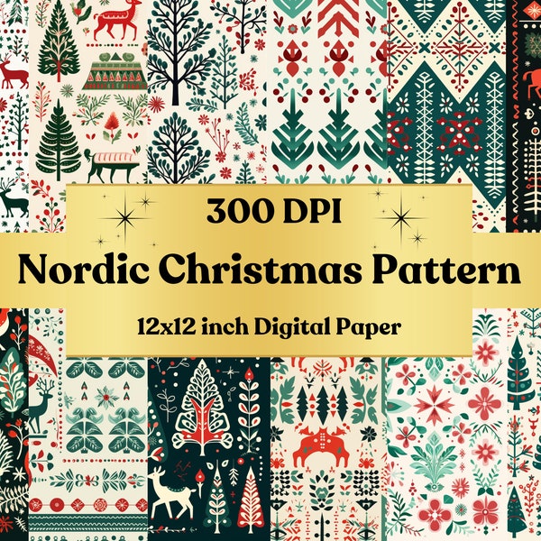 Nordic Christmas Digital Paper Pack, Christmas Folk Art Printable Paper, Scandinavian Yule Pattern Christmas, Nordic Xmas Noel, Junk Journal